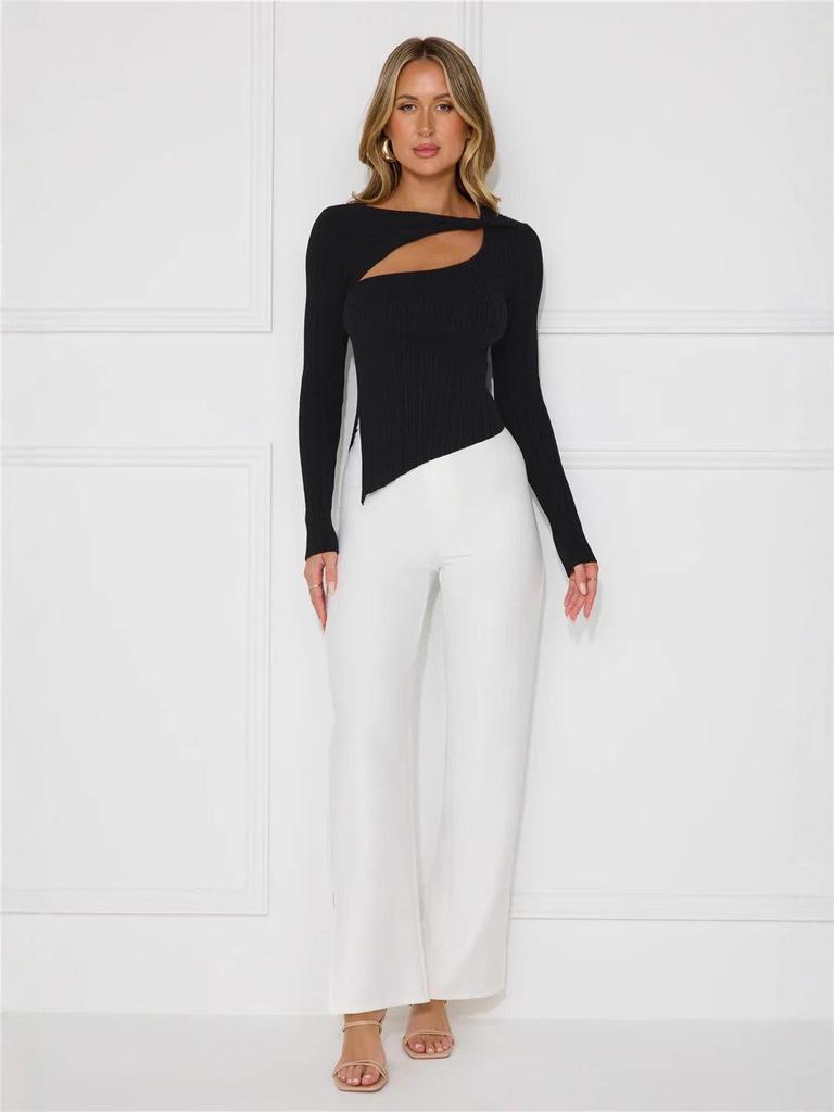 European Women's New Fashion Ribbed Slit T-shirt: Solid Color Autumn Winter Slim Casual Top