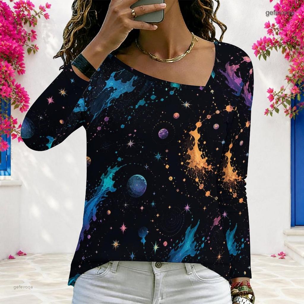 Women Plus Size Long Sleeve V Neck Colorful Abstract Printed Casual T Shirt