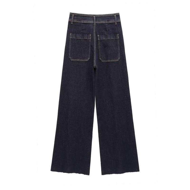 Womens High Waist Wide Leg Jeans Street Style Pocket Denim Pants