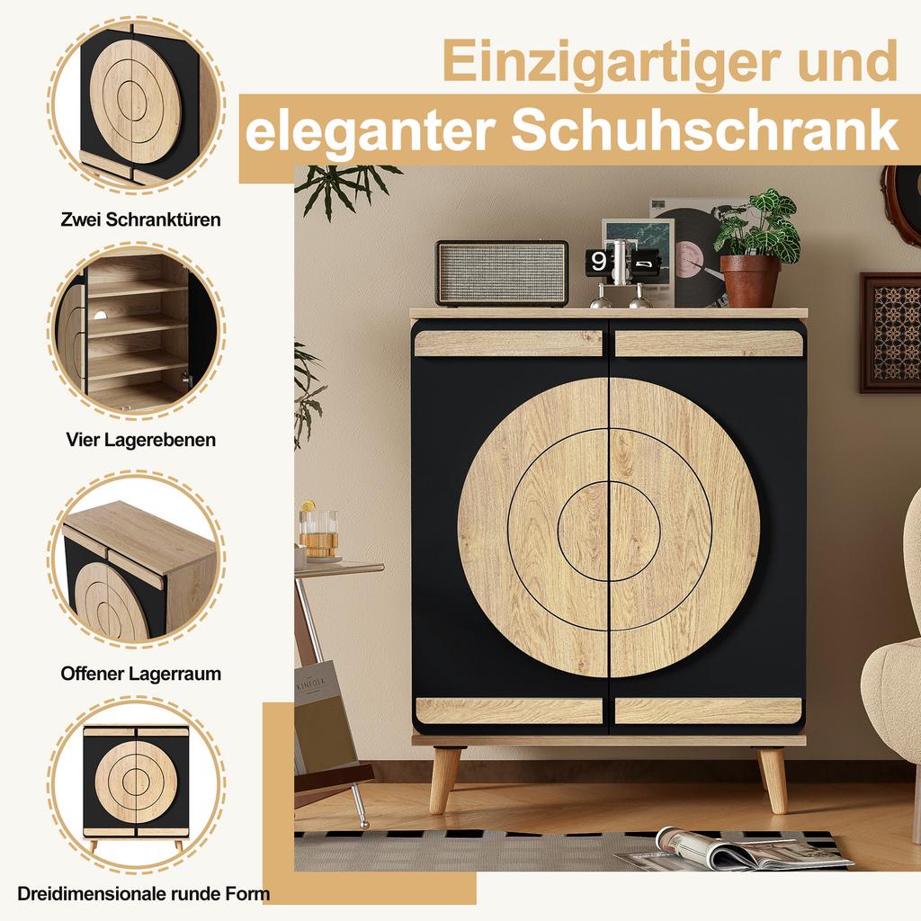 Moderne Schoenenkast met Ronde, Geometrische Deuren, Meerdere Opbergniveaus, Stevige Houten Poten.