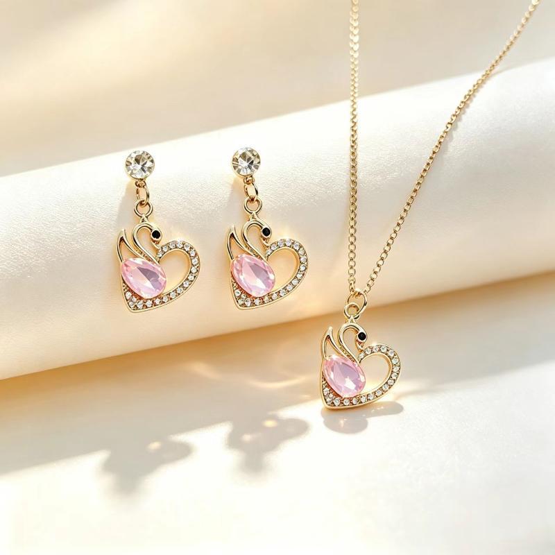 Tone Swan Necklace Earrings Set With Crystal Sparkling Rhinestones For Women Daily Wear Date Party Gifts