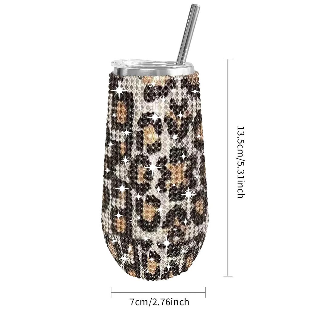 6oz Glänzender Diamant-Becher Bling Strass-Weinglas mit Strohhalm Edelstahl Isoliert Vakuum Champagnerbecher Tasse Eiform