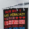 Back Off Shower Curtain: Bold Design for Bathroom Decor Features Hilarious Warning Text about a Crazy Sister