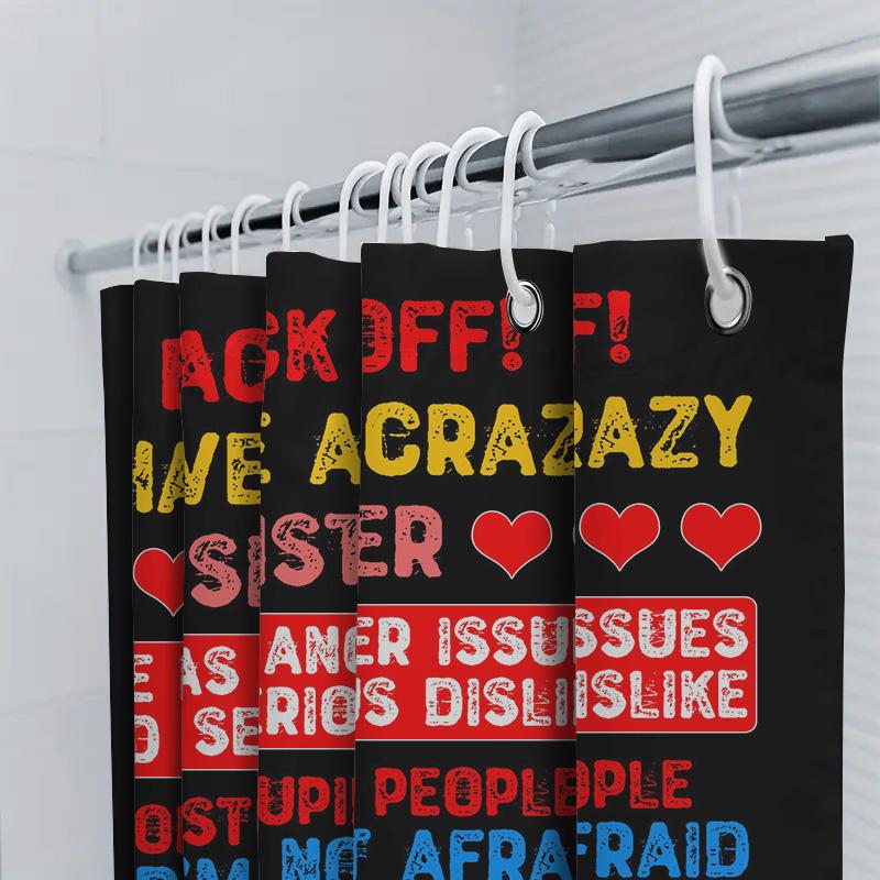 Back Off Shower Curtain: Bold Design for Bathroom Decor Features Hilarious Warning Text about a Crazy Sister