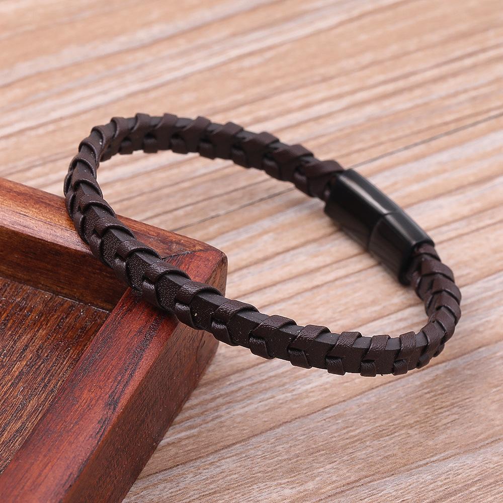 Simple Leather Bracelet For Men Genuine Handmade Braided Leather Cuff Bangle Black Stainless Steel Magnetic Clasp