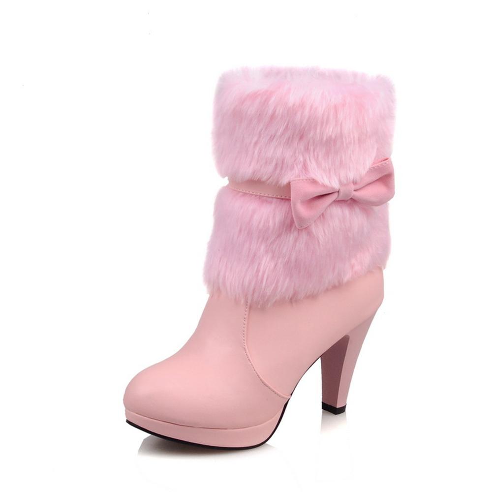 New Winter Fashion Womens Warm Fur High-heeled Boots Pink White Black Bowtie Lovely Lolita Ladies Party Wedding Shoes 33-43