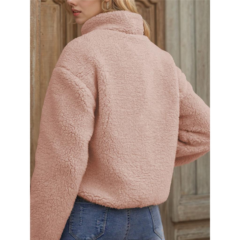 Women Fleece Zip‑Up Jacket Stand Collar Contrast Patch Pocket Long Sleeve Loose Warm Sherpa Coat Casual Outerwear
