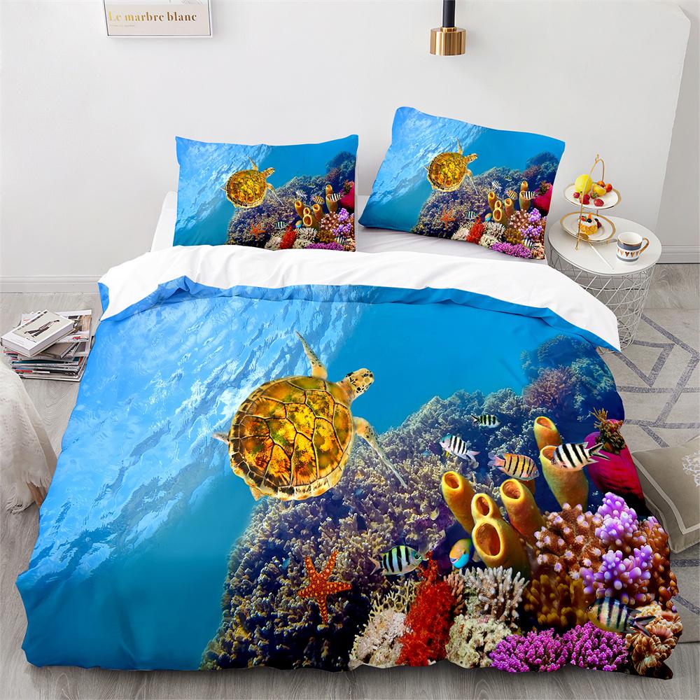 Underwater World Duvet Cover King Queen Blue Ocean Shark Bedding Set For Kids Sea Animal Coral Fish 2/3pcs Polyester Quilt Cover