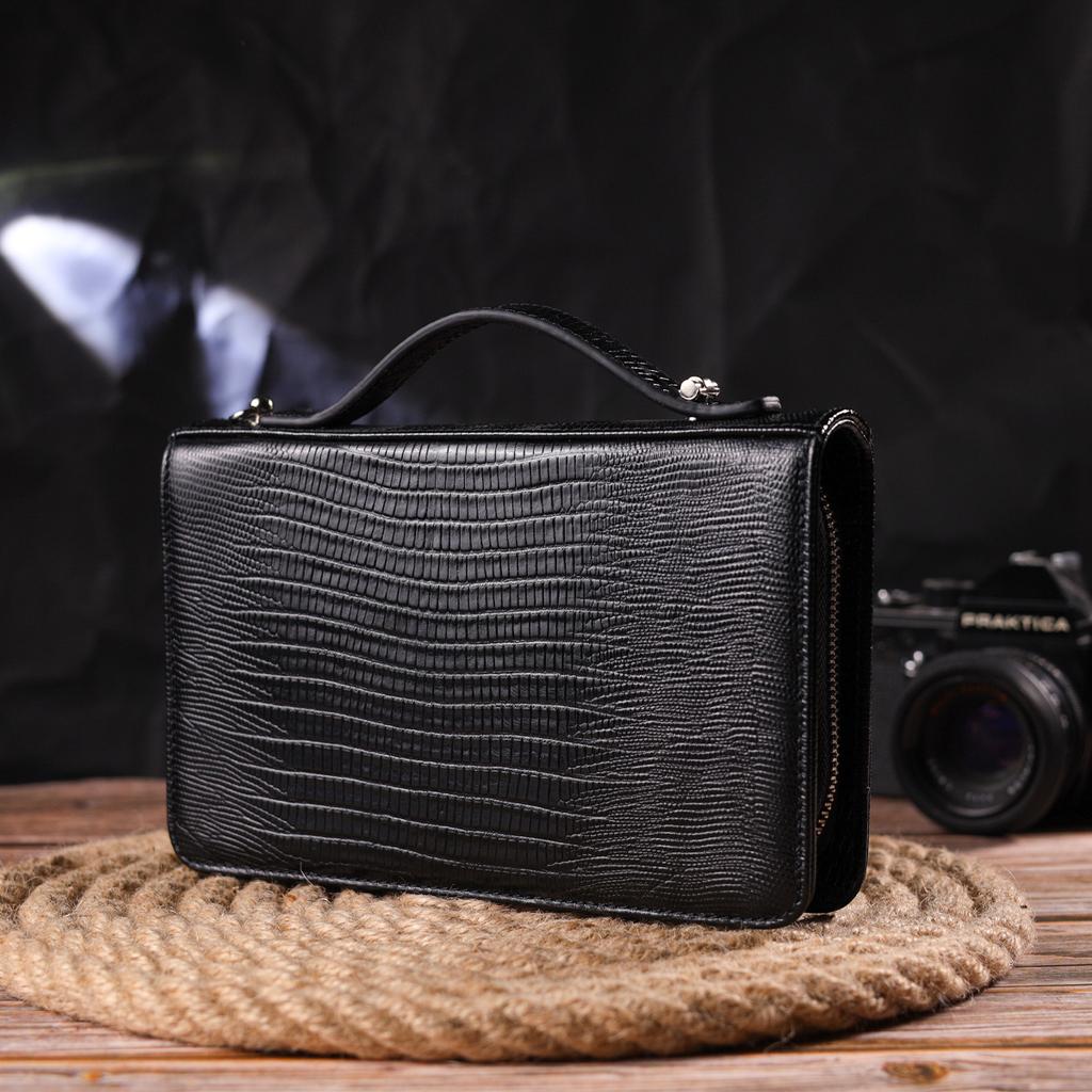 Unusual Men's Two-compartment Purse Made of Genuine Textured Leather with Reptile Embossing CANPELLINI 21571 Black