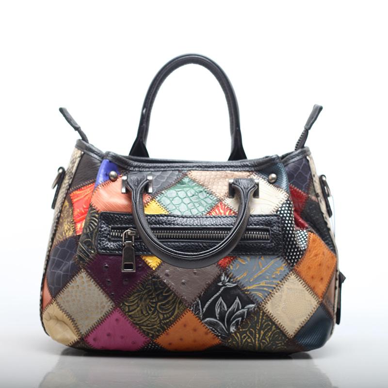 Retro Trend Large-Capacity Women'S Handbag Color Rhombus Messenger Women'S Bag Genuine Leather Shoulder Messenger Bag