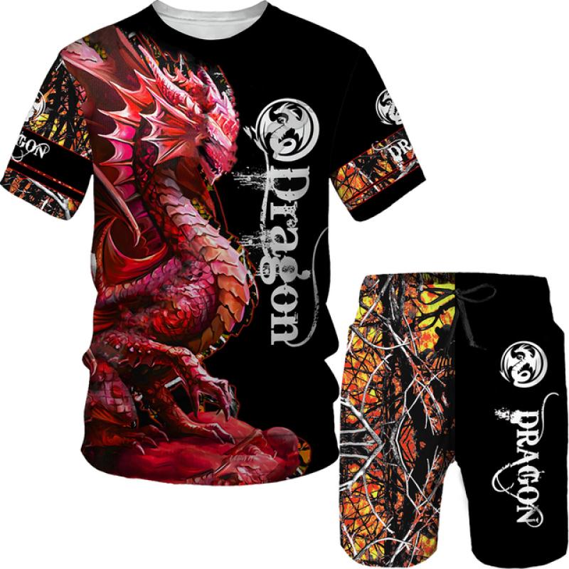 Men's T-shirt and Shorts, 3D-Printed Vintage Dragon Print Streetwear, High Quality Two-Piece Summer Set