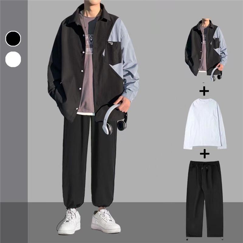 Men's Trendy Spliced Long-Sleeve Casual Shirt Set for Spring and Autumn