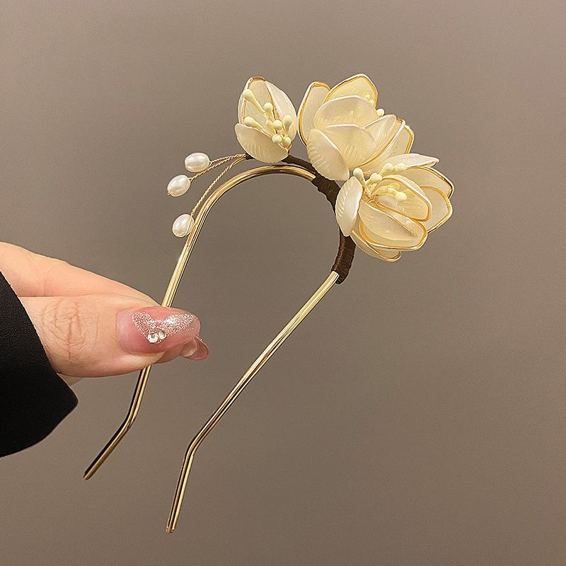 Elegant Pearl Flower U Shape Hair Sticks Hairpin Chinese Style Sweet Flowers Leaves Hair Stick for Women Girl Hair Fork Hanfu
