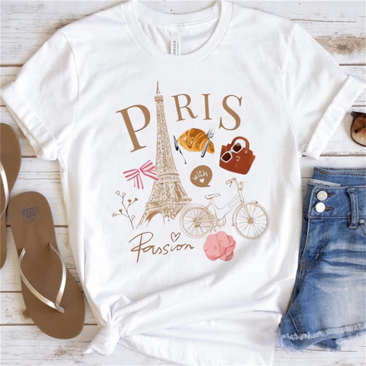 Fashion Basic T-Shirt Paris Passion Eiffel Tower Women s Printed T-Shirt Short Sleeved Cute Girl Summer Top Clothing T-Shirt S