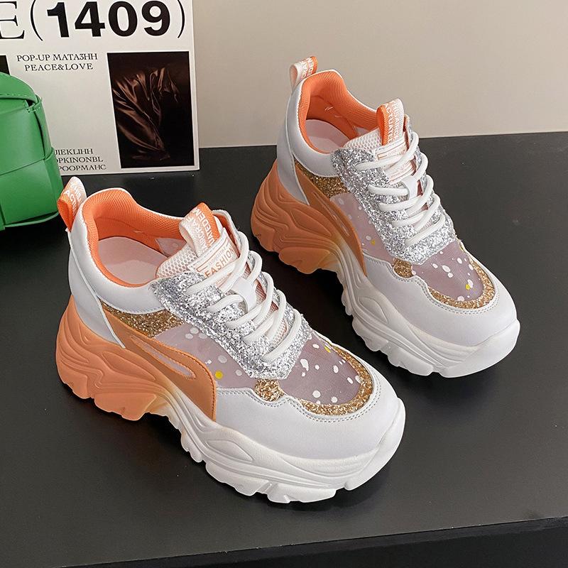 Mesh summer sports style casual single shoes women's thick-soled round head lace-up fashion dad shoes