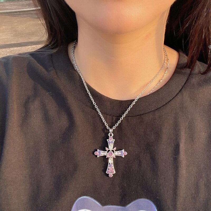 Gothic Y2K Crystal Zircon Cross Pendant Necklace for Women European and American Fashion Neck Chain Party Jewelry Birthday Gift