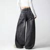 Unisex Wide Leg Denim Pants With Wing Print Vintage Streetwear High Waist Loose Fit Jeans