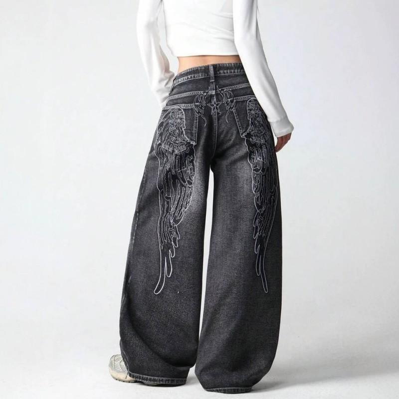 Unisex Wide Leg Denim Pants With Wing Print Vintage Streetwear High Waist Loose Fit Jeans