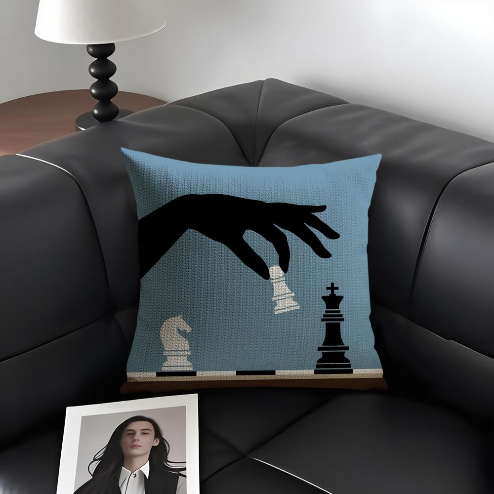 Chess Cool Cushion Cover Natural Linen Organic Fabric Double-Sided Printing Sofa Home Decor Gift Pillow Case