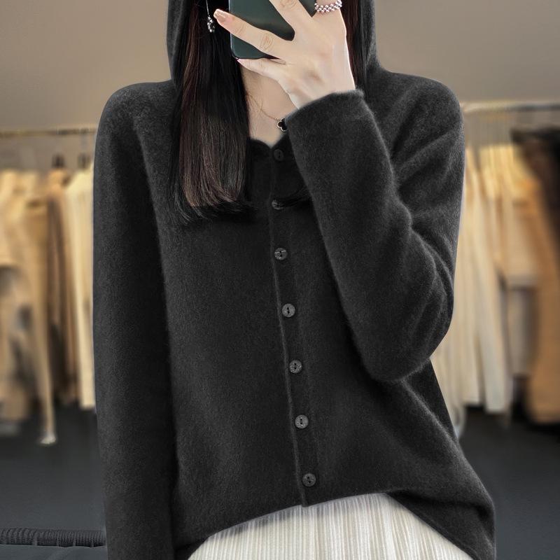 Australian Merino Wool Women's Seamless Hooded Cardigan Sweater