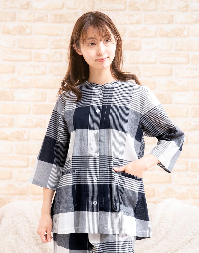 Eye Pant Open Smooth and Cool Willow Room Sizes K's Women's 3/4 Sleeve, 9/10 Pants, Front, Summer, Skin-Friendly 100% Cotton, Check, Nightwear,