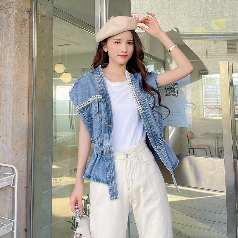 Korean Style Beaded Denim Sleeveless Vest - Summer Slim & Loose Fit