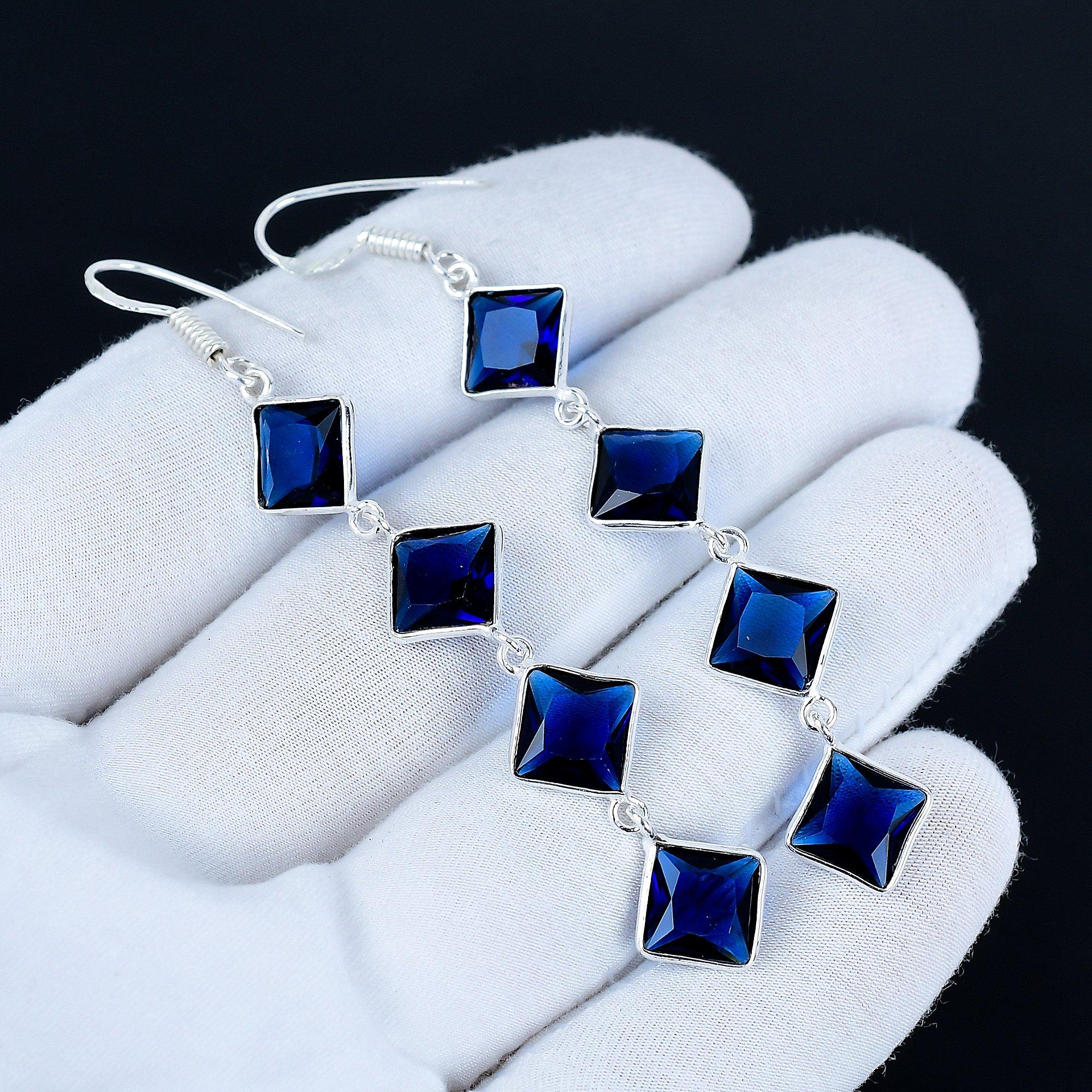 

Сережки з дорогоцінним каменем Сапфір синій, Сережки зі стерлінгового срібла 925 проби, Ручні срібні сережки в подарунок, Довгі сережки з синім сапфіром, Подарунок на Новий рік 8 Cm синій