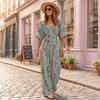 Dames Elegante V-hals Bedrukte Jumpsuit met Tailleband Losse Pasvorm Lange Mouwen Eendelig Outfit voor Casual of Formeel Gebruik