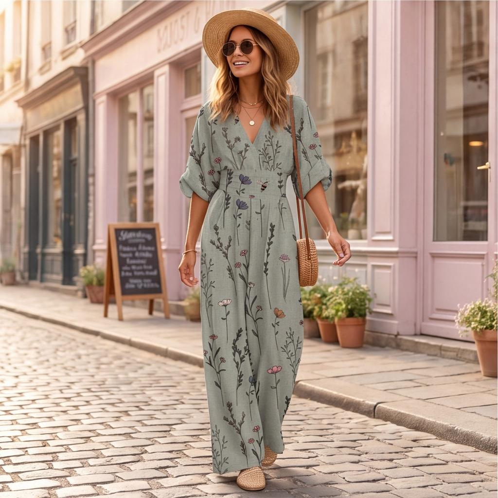 Dames Elegante V-hals Bedrukte Jumpsuit met Tailleband Losse Pasvorm Lange Mouwen Eendelig Outfit voor Casual of Formeel Gebruik
