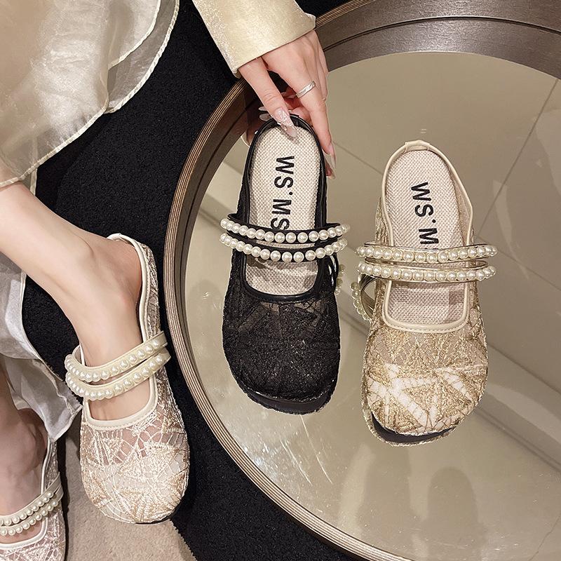 Mesh breathable bag head half slippers women's new summer wear fashion flat bottom French Mary Jane sandals tide