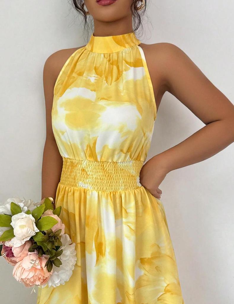 Women's Halter Neck Ruched Waist Sleeveless Ruffle Dress for Summer 2026