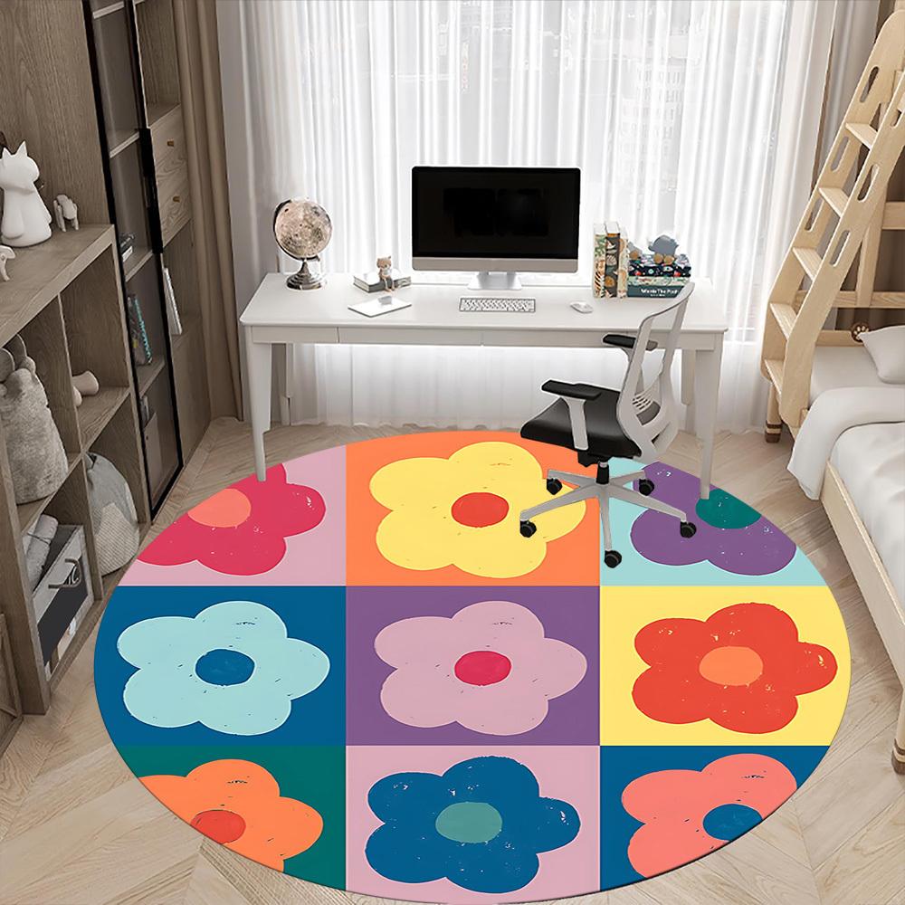 1PC Floral Pattern Office Round Area Rug, Mat Suitable For Office, Under Office Chairs Bedroom Living Room Home Decor, Room Deco