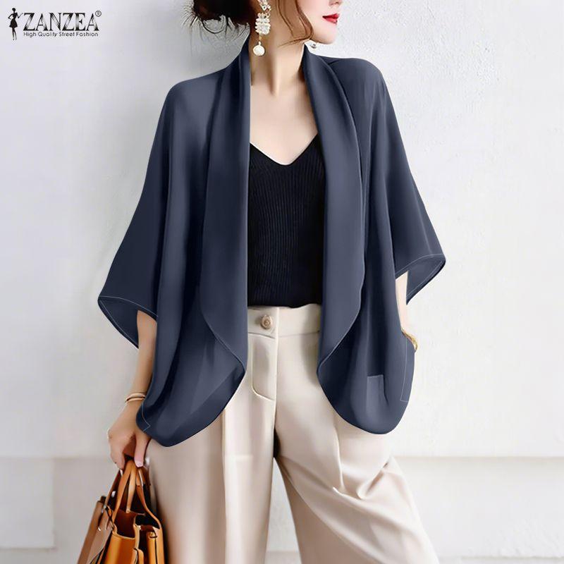 ZANZEA Women Turn Down Collar Loose Casual 3/4 Sleeve Cardigan Cover Ups