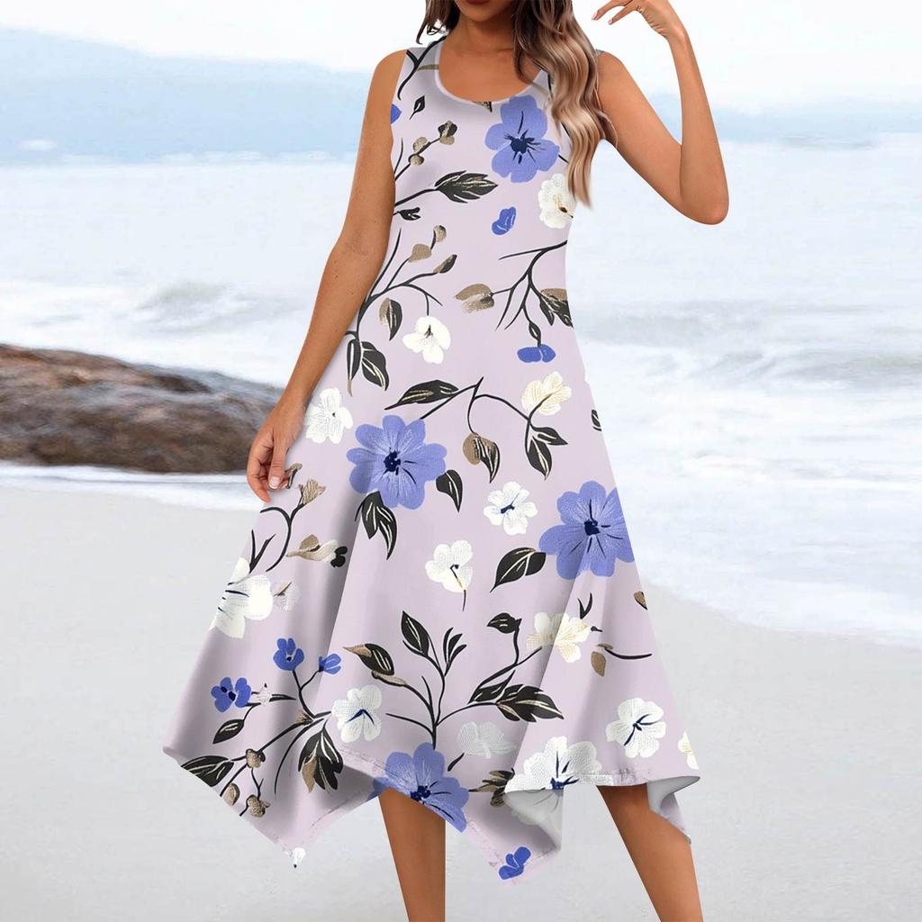 Women's Summer Fashion Round Neck Sleeveless Floral Print Irregular Hem Midi Dresses