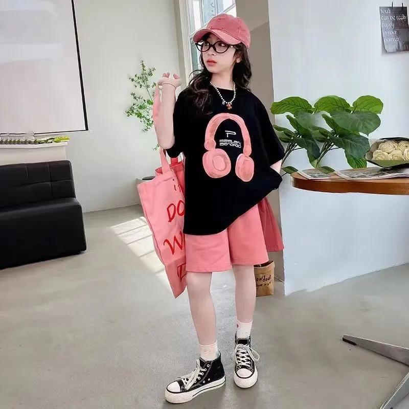 Girls Summer Sportswear Suit Middle and Big Children Round Neck Short Sleeve T-shirt+ Shorts Personalized Leisure Two-piece Set