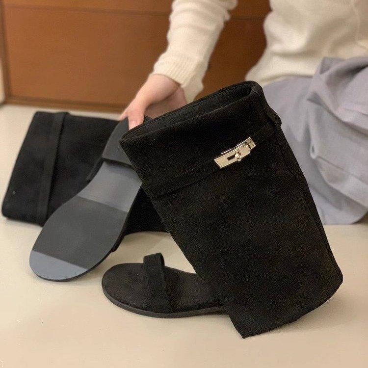 Small Inner Height Increase 5cm Slope Heel Women's Cool Boots 2025 New Summer Breathable Open-toed Sandals Lock Trouser Boots