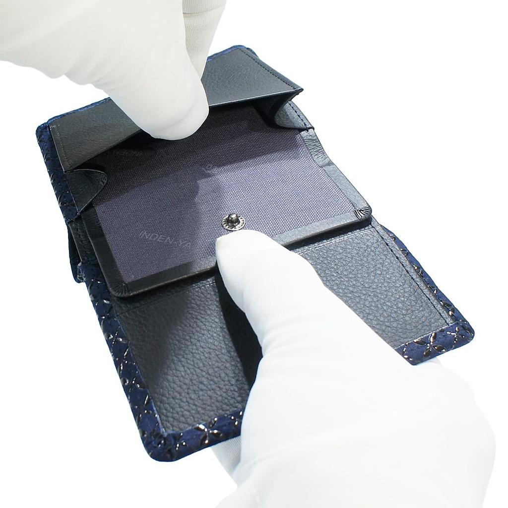 Inden Leather Billfold Navy Blue with Black [Inden-ya] Bi-fold Wallet, Z, Thin, Compact, Deerskin, Lacquer, Shippo-tsunagi Pattern, 2013-04-179