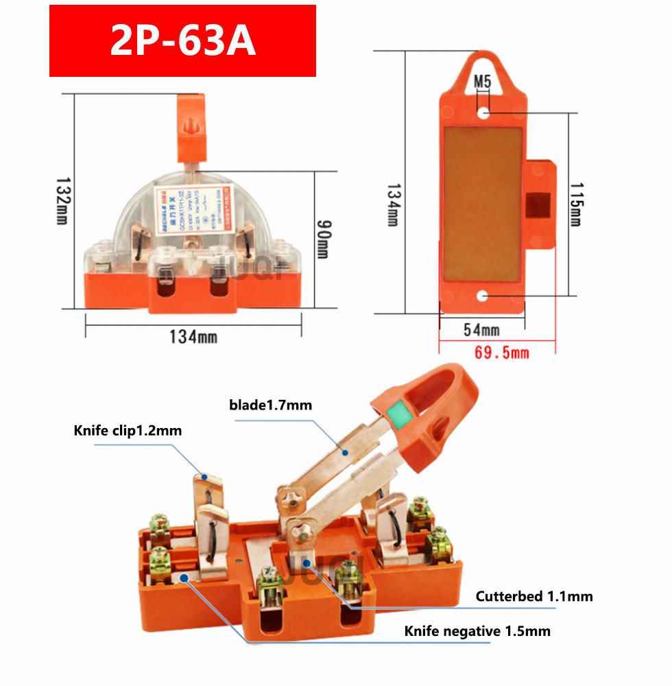 (1)High quality 2P knife switch 32A 63A 100A two-phase knife switch high power 220V double throw Disconnector