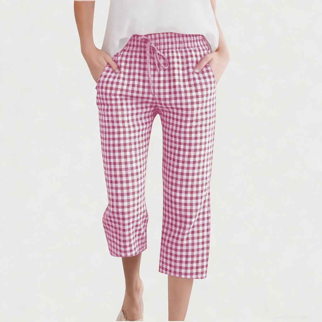 Children's Fashionable And Cute Checkered Elastic Waist Pocket Casual Girls' Cropped Pants