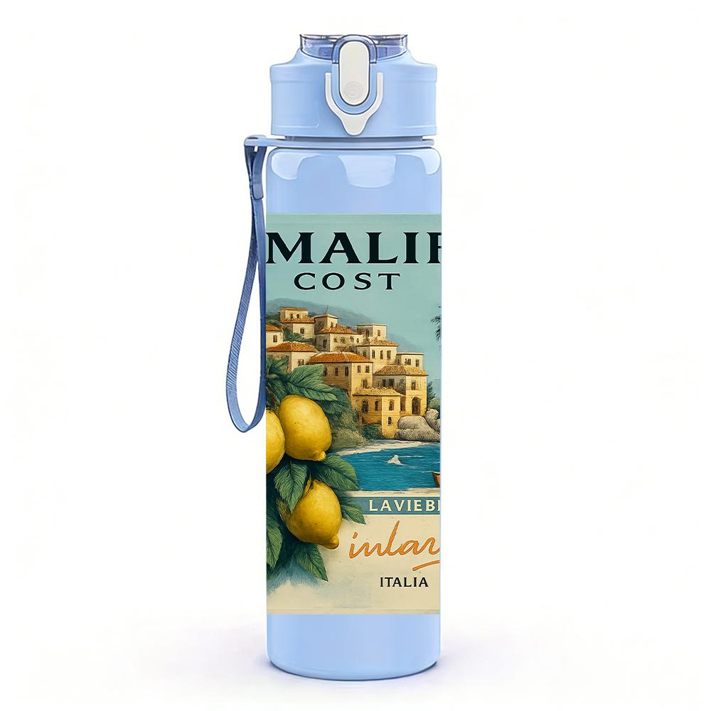 1PC Amalfi Coast Vintage Poster 750ml Color Plastic Sports Water Bottle Leakproof Flip Straw Lid For Sports Office Home Use