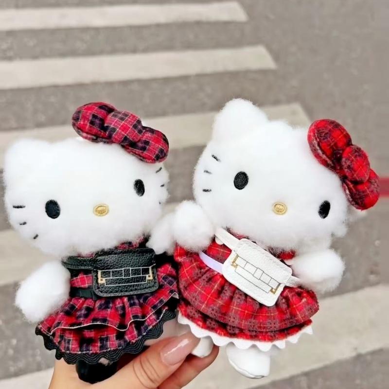 Christmas tartan skirt Hello Kitty Plush Stuffed Key Chain kawaii Cartoon checkered Kitty Plush Doll Pendant Xmas gift