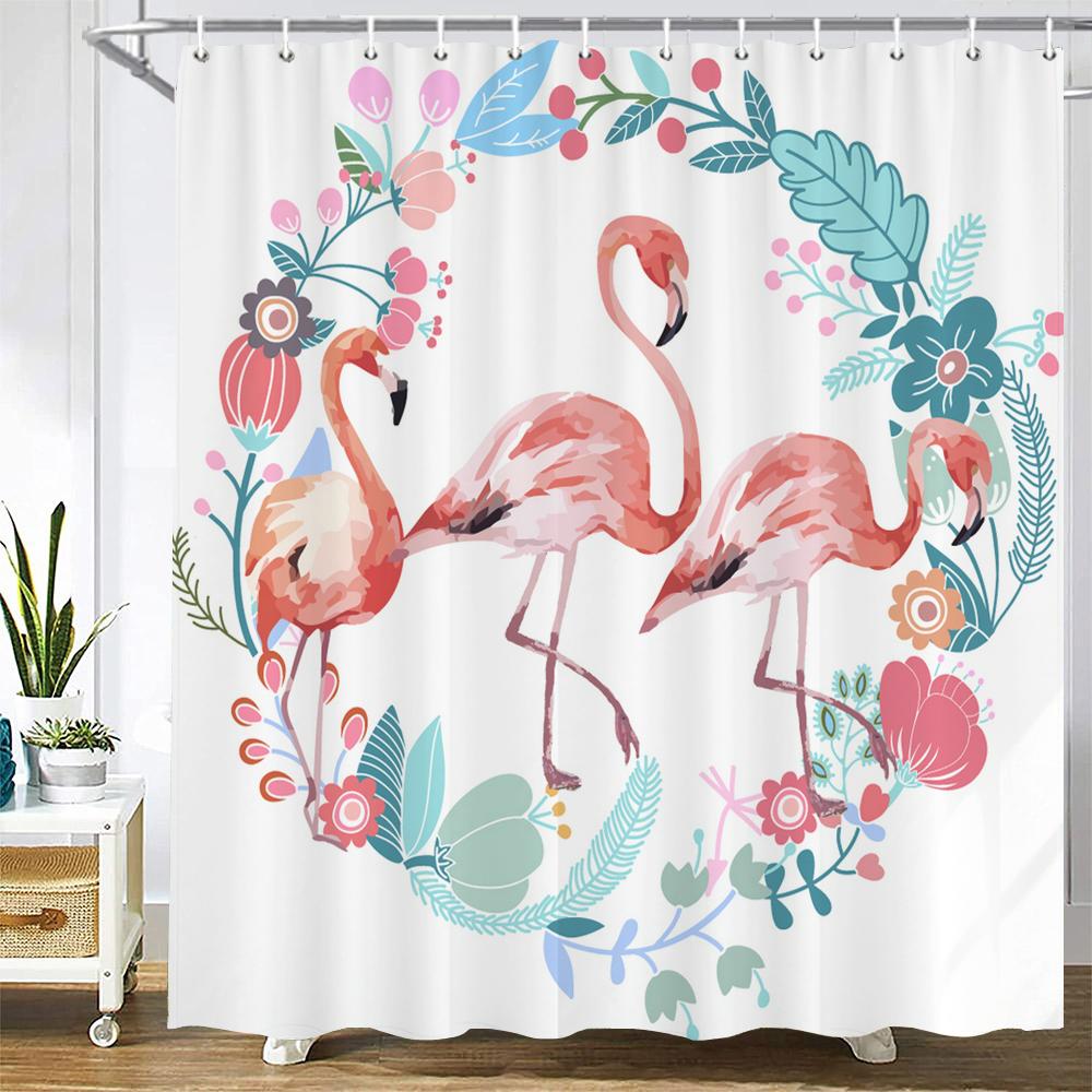 Waterproof Bathroom Shower Curtains Flamingo Polyester Bath Curtain Flower Leaves Plant Bath Screen Printed Curtain Home Decor