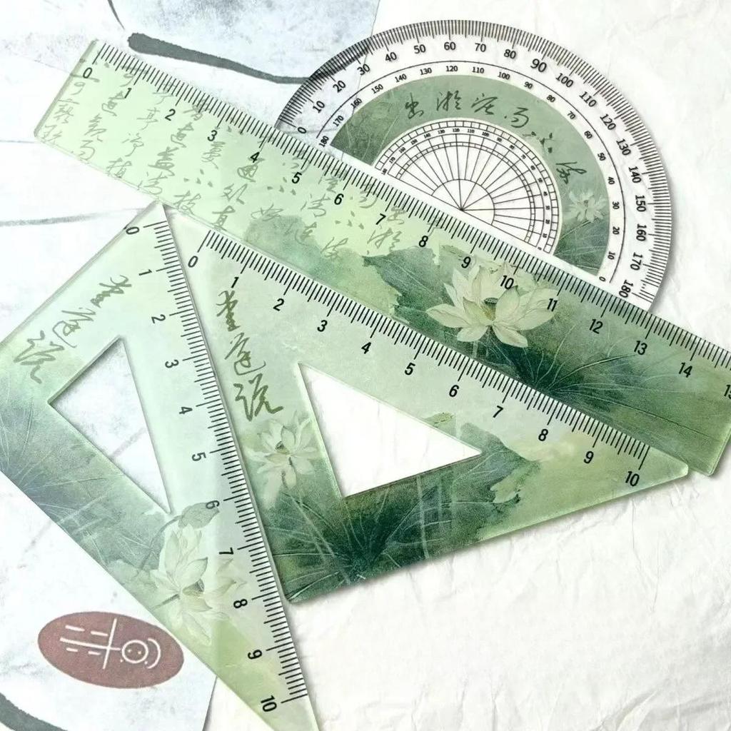 Righello di loto verde di poesia cinese, set da 4 pezzi, righello trasparente a triangolo, goniometro, cancelleria, articoli per il ritorno a scuola