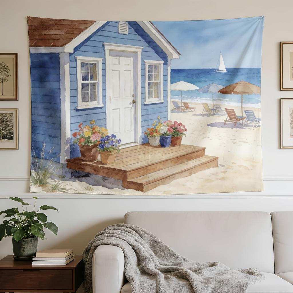 A Stylish Tapestry, Seaside Cottage; Watercolor Style; Beachside Sanctuary,perfect for Sprucing up Wall Decor in Homes, Dorms and Bedrooms.