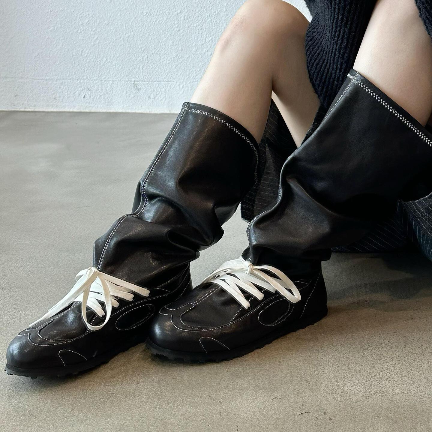 

Sheepskin version~ 2025 new British style thick-soled lace-up slim stacking boots heightening high boots fashion boots women s shoes 40 чёрный