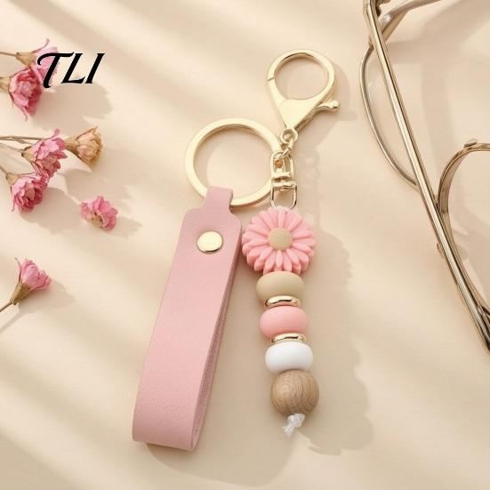 Anti Oxidation Metal Keychain Silicone Flower with Faux Leather Wristlet, Car Key Holder Ring Pendant, Handbag Backpack Charm Wood Beads Aesthetic