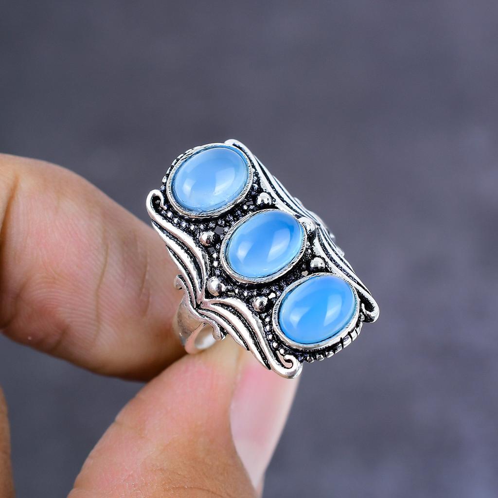 Natural Aqua Chalcedony Gemstone Handmade 925 Sterling Silver Ring Size 7 r7I94