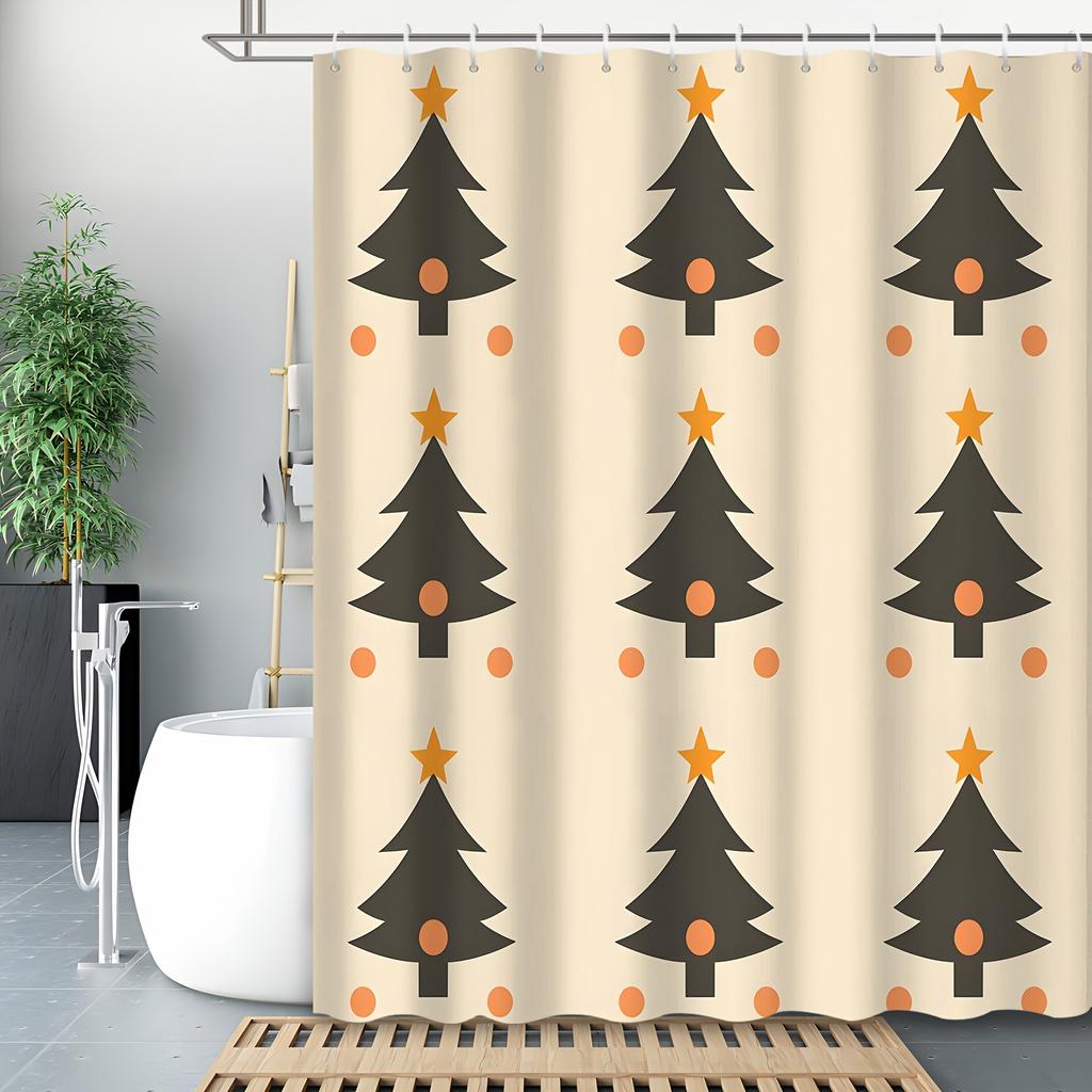 Christmas Tree Curtain - Water-Resistant, 12 Hooks, Machine Washable, Cartoon Theme, All-Season Bath Decor