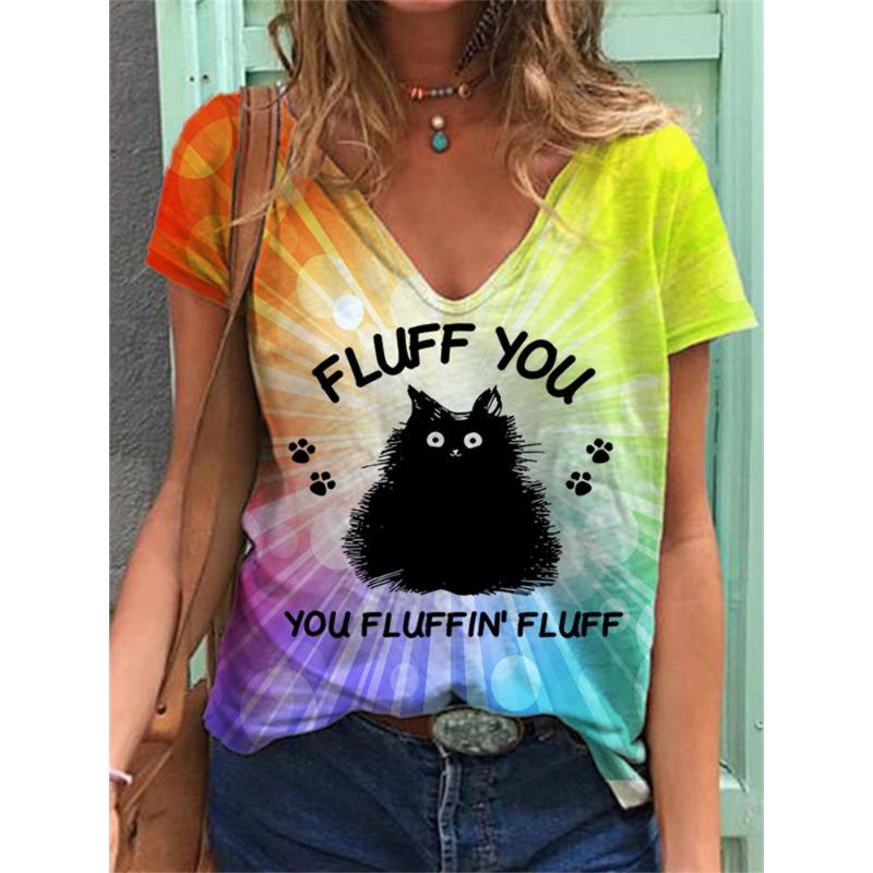 Summer V-neck 3D Cat Flower Colorful Printed Top Fashionable Casual Short Sleeved Women's T-shirts