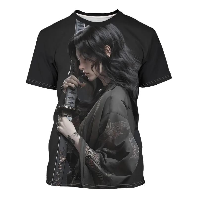 Anime Samurai Girl T-Shirts 3D Print Men's Women Short Sleeve Round Neck T Shirt Oversized
